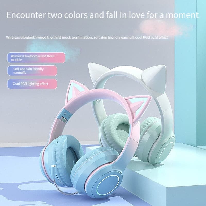 Wireless Bluetooth Headset Foldable Music Gradient Color Flash Lovely Cat Ear With Mic Gamer Headphones Girls Christmas Gifts - GOLDEN TOUCH APPARELS WOMEN