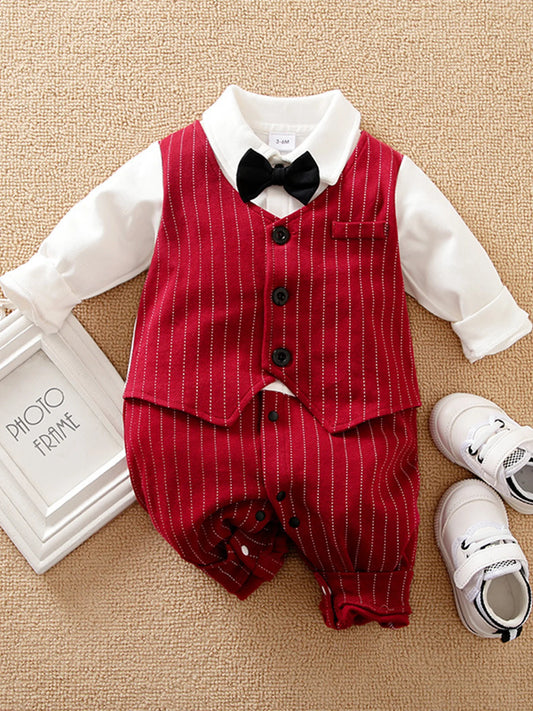 Gentleman Baby Boy Long-Sleeved Jumpsuit: Black Tie - 0-1 Years Old