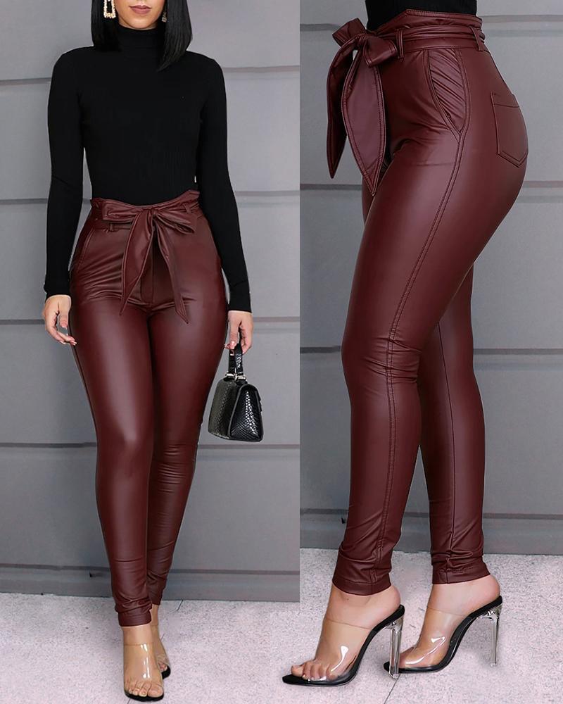 Oversized PU Leather Pants Bow Lace-up Sexy - GOLDEN TOUCH APPARELS WOMEN