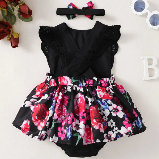 Summer Sleeveless Black Lace Newborn Baby Girl (0-2 years old)