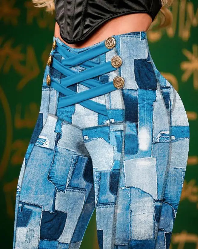Women's Denim Look Print High Waist Butt Lift Skinny Pants for Autumn/Winter 2023