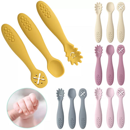 3PCS Silicone Spoon Fork For Baby Utensils Set Feeding Food Toddler Learn To Eat Training Soft Fork Cutlery Children's Tableware