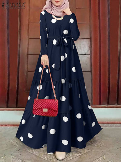 Mulsim Dubai Turkey Hijab Sundress ZANZEA Women's Vintage Polka Dot Printed Abaya Dress Femme Robe Maxi Dress Islamic Clothing - GOLDEN TOUCH APPARELS WOMEN