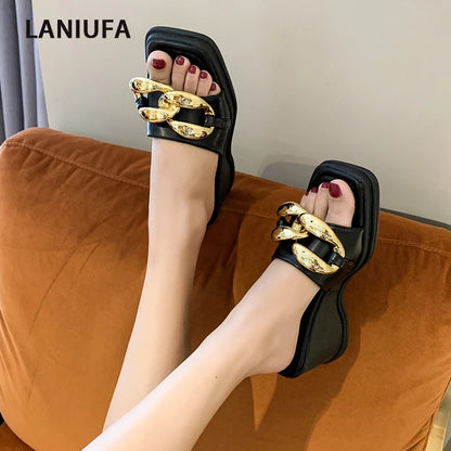 Fashion Chain Wedge High Heel Sandals for Women - Chunky Casual Home Slippers Flip Flops"