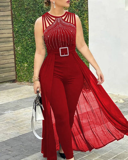 2023 Sumer Women's Sexy Round Neck Rhinestone Sheer Mesh Sleeveless Jumpsuit with Belt New Fashion Rompers Womens Jumpsuit - GOLDEN TOUCH APPARELS WOMEN