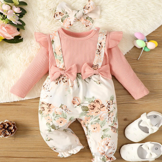 0-2-year-old newborn baby girl spring and autumn section pink shirt flower print one-piece trousers cute