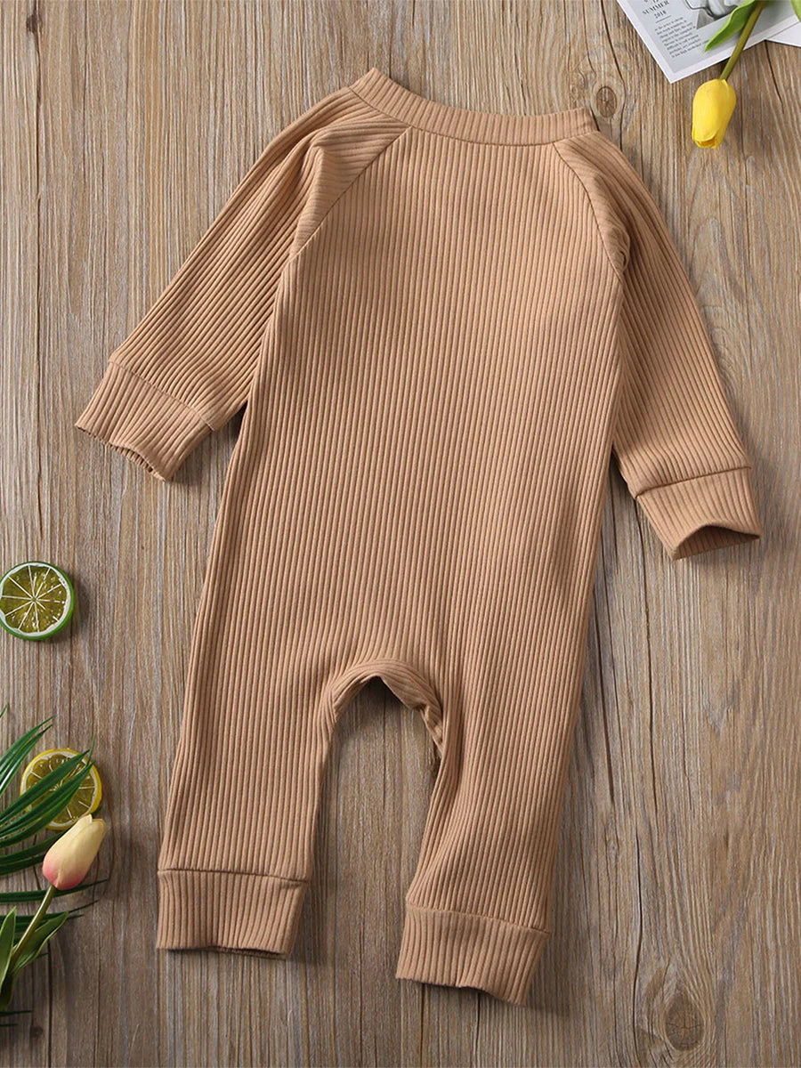 Title: Cozy Baby Ribbed Romper - Long Sleeve Crewneck Jumpsuit with Zipper Closure