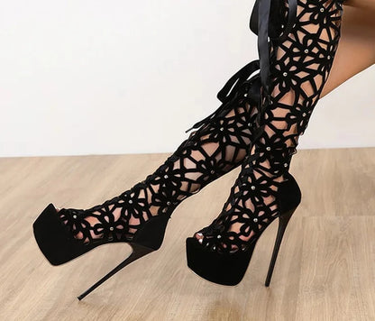 Ultra Thin High Heels Knee Boots Women Peep Toe Lace-Up Zip Platform