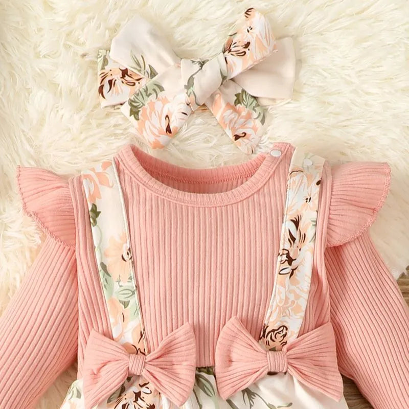 0-2-year-old newborn baby girl spring and autumn section pink shirt flower print one-piece trousers cute