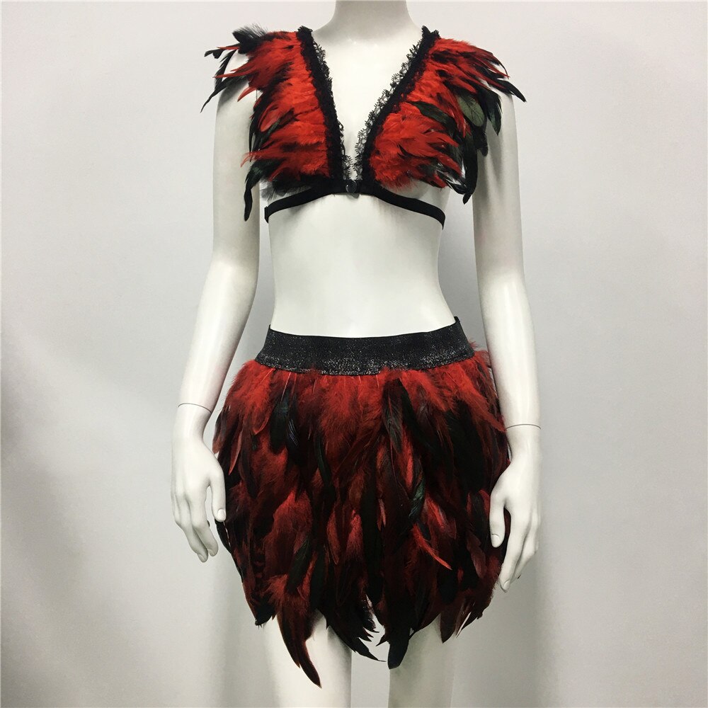Fluffy Feather Festival Rave Outfits Sexy Backless Crop Top + Mini Tutu Skirt Boho Harajuku Nightclub Party Women 2 Piece Sets - GOLDEN TOUCH APPARELS WOMEN