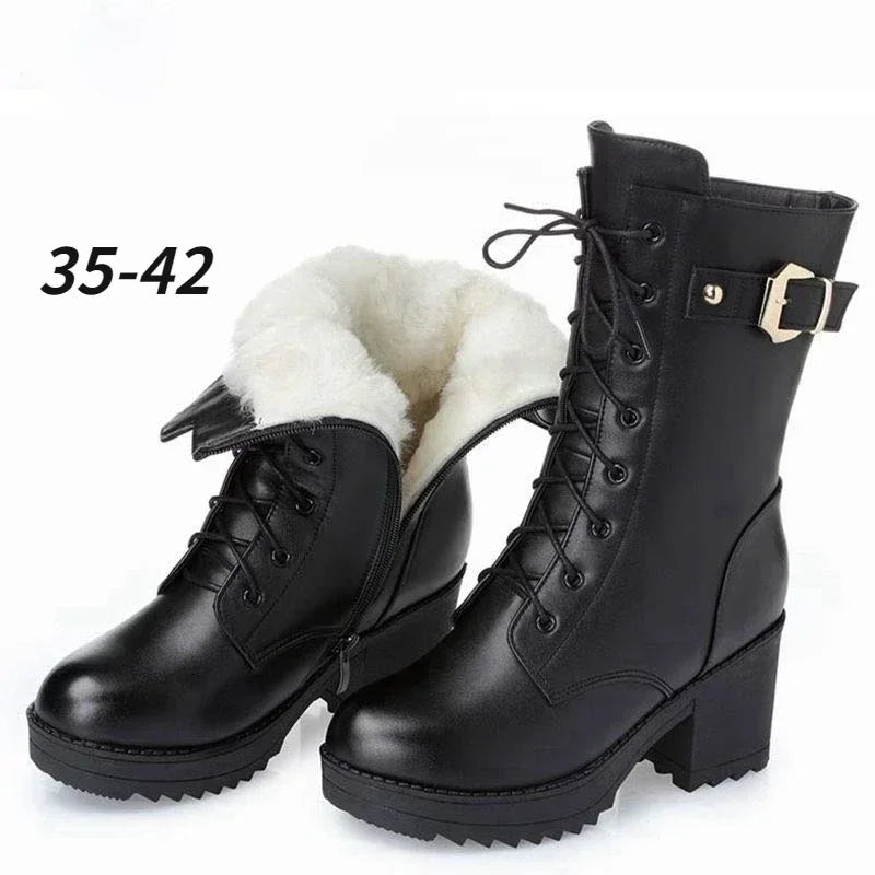 "2023 Winter Women's High-Heeled Genuine Leather Snow Boots - Thick Wool Lining, Warm and Stylish Winter Footwear for Women"
