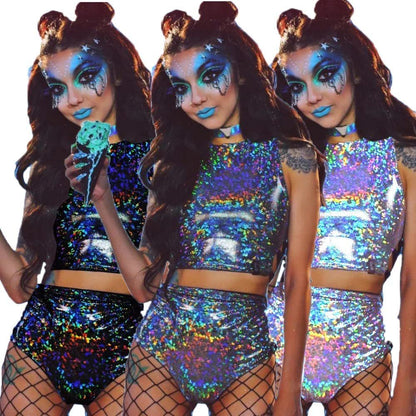 Holographic Reflect Festival Rave Outfits Sleeveless Tank Tops Super Shorts Pant Nightclub Carnival Party Women 2 Piece Sets - GOLDEN TOUCH APPARELS WOMEN