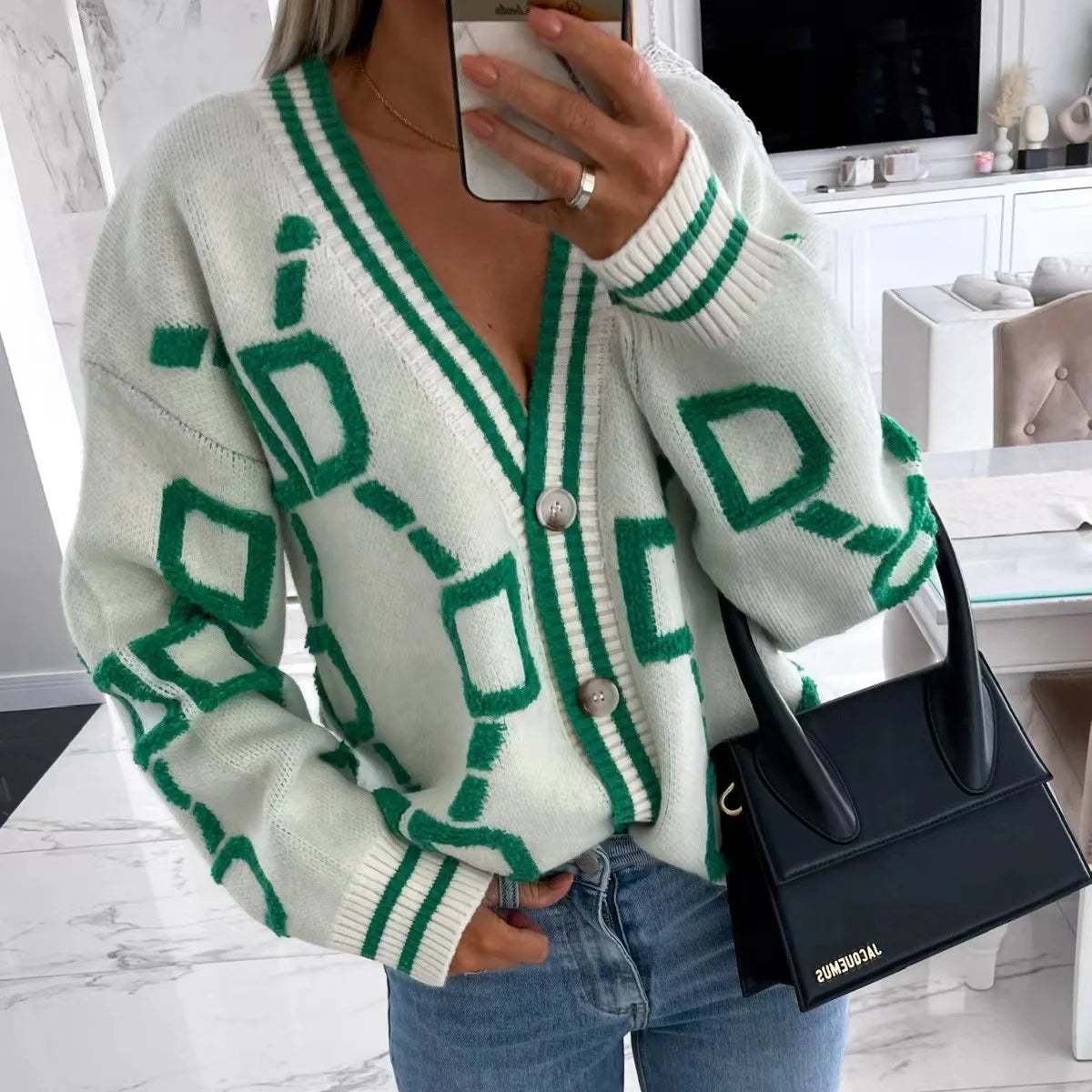 Women's 2023 Autumn Winter Knitted V-Neck Cardigan - Long Sleeve Loose Fit - Thick Warm Sweater - Green Casual Print