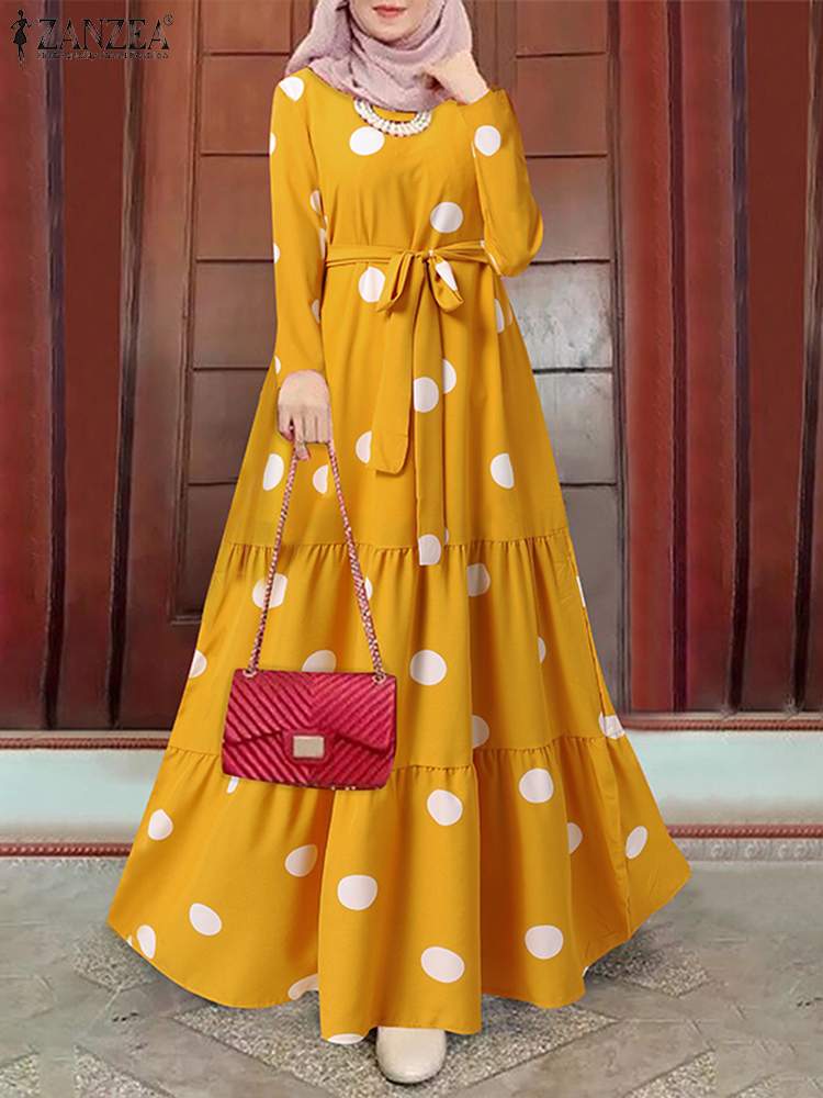 Mulsim Dubai Turkey Hijab Sundress ZANZEA Women's Vintage Polka Dot Printed Abaya Dress Femme Robe Maxi Dress Islamic Clothing - GOLDEN TOUCH APPARELS WOMEN