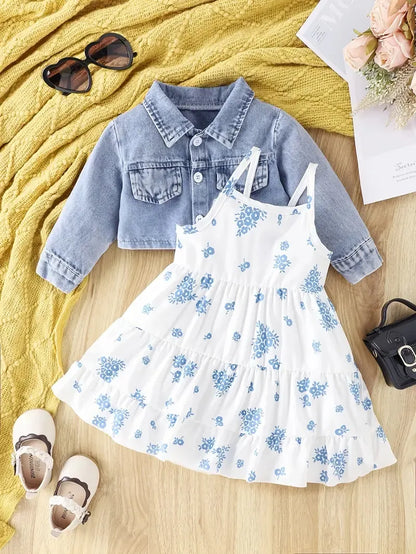 Baby Girl Casual Denim Jacket Blue Flower Pattern 2-Piece Set