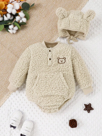 Baby Romper +Beanie Romper Outfits for 2-Piece Autumn/Winter Baby Cute Warm and Comfortable Apricot Fluffy Bear Pattern