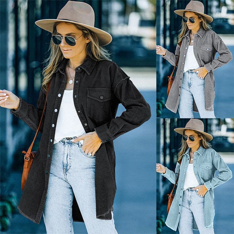 2023 European and American foreign trade new shirt corduroy lapel button loose casual jacket - GOLDEN TOUCH APPARELS WOMEN