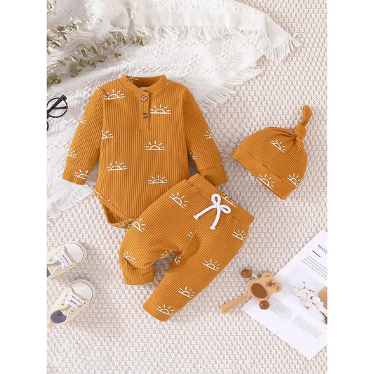 Terno Kid Unisex 0-18 Months Long Sleeve Sun Print Romper and Long Pant with Hat Outfit Toddler Infant Clothing Set Kids Wear