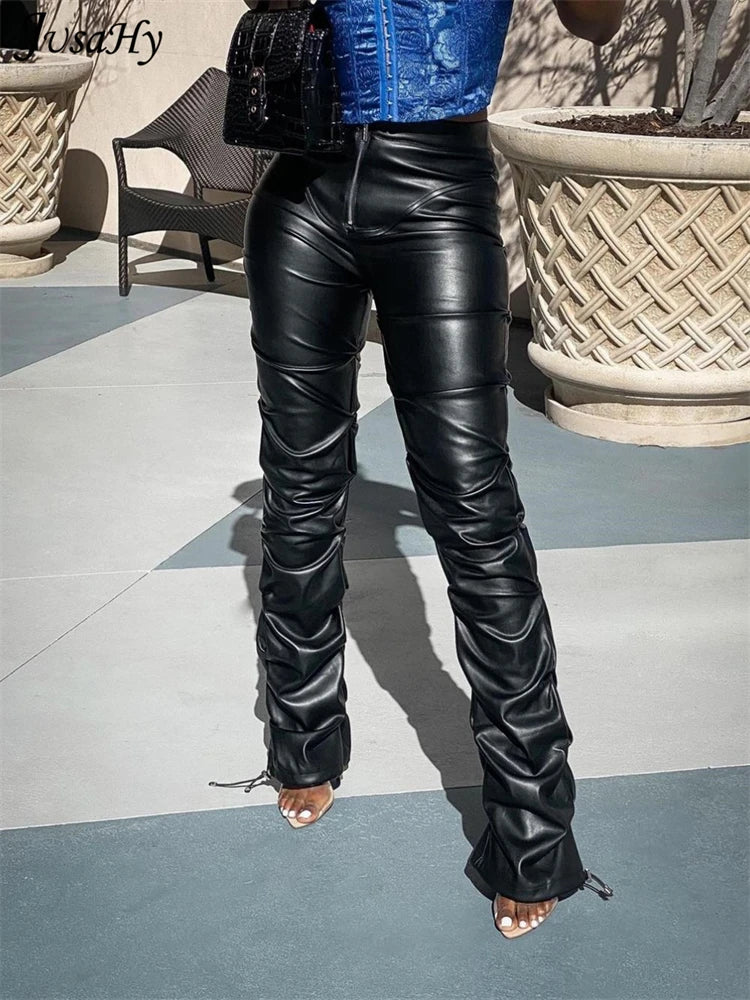 Faux PU Leather Pleated High Waist Stacked Pant