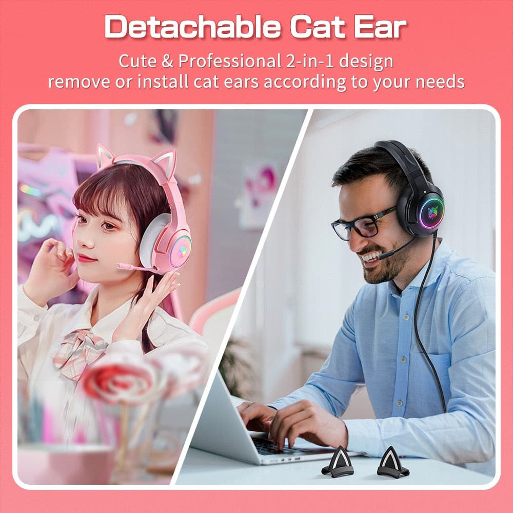 ONIKUMA K9 Pink Cat Ear Headphones with RGB LED Light Flexible Mic Gaming Headset 7.1 Surround Computer Earphones for PC Gamer - GOLDEN TOUCH APPARELS WOMEN