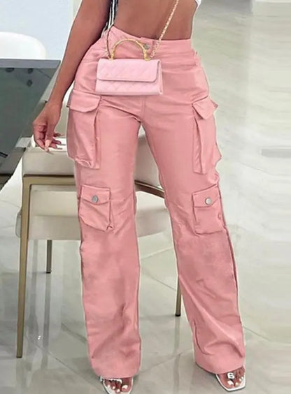 Casual Straight Leg Pu Leather Pants for Women 2023 New Summer Plain Pocket Design High Waist Fashion Trousers Female
