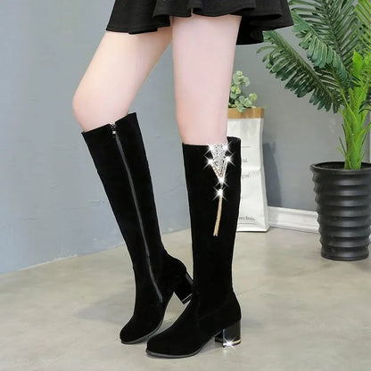 2023 Women's Fashion Rhinestone Knee-high Boots with Thick Heels and Zipper