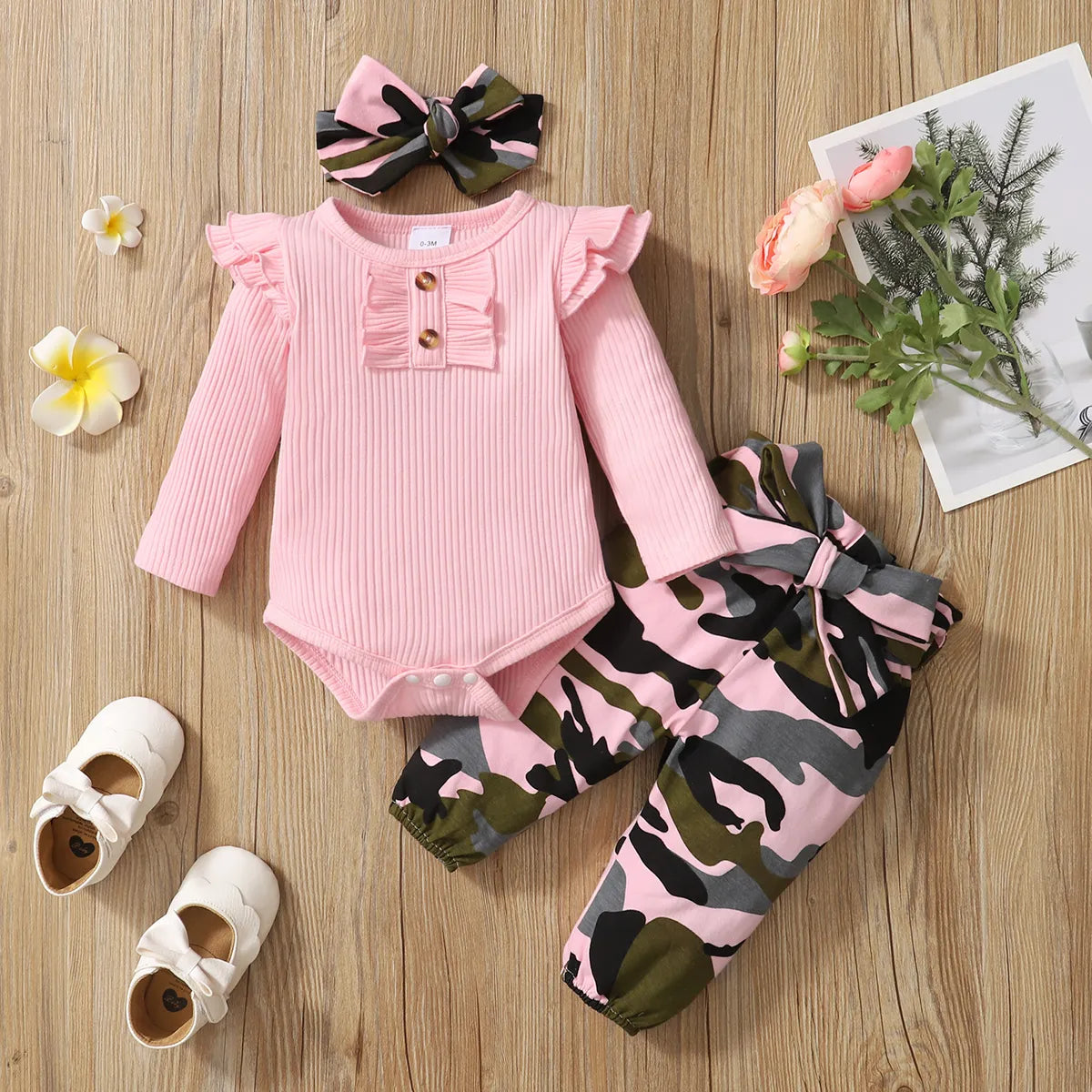 Newborn Baby Girl Clothes Set | Long Sleeve Bodysuit + Camouflage Pants + Headband | Cotton Clothing Suit | Ages 0-18 Months