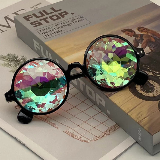 Kaleidoscope Glasses Women Retro Rave Festival Round Sunglasses Men Nail Holographic Mosaic Prism Sun glasses Party Cosplay Cute.