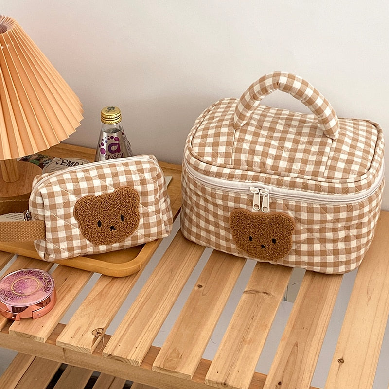 Cute Bear Khaki Makeup Bag Large Capacity Portable Cosmetic Bags Zipper Pure Cotton Plaid Brushes Pouch Case For Women Girls.