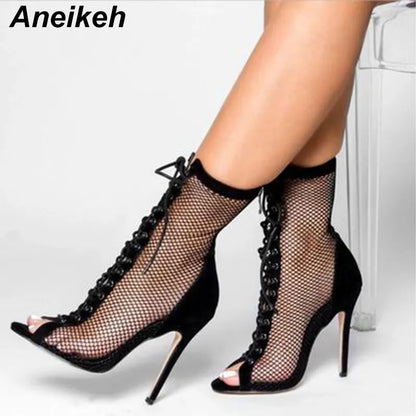 Women's Stylish Mesh High Heel Ankle Boots - Lace-Up, Hollow Out Design, Open Toe, Sexy Sandals - Black/White Options Available