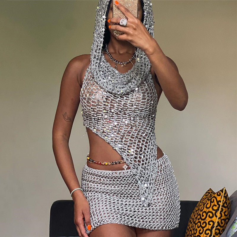 Gtpdpllt Y2k Sexy Two Piece Set Hollow Out Knit Sequin Hooded Crop Top And Mini Skirt Crochet Rave Festival Outfits For Women - GOLDEN TOUCH APPARELS WOMEN