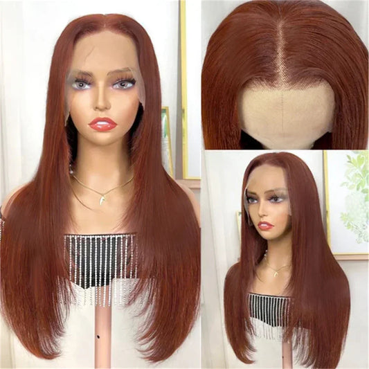Copper Red Layered Synthetic Lace Wig - Burgundy Straight Cut, Glueless, for Black Women