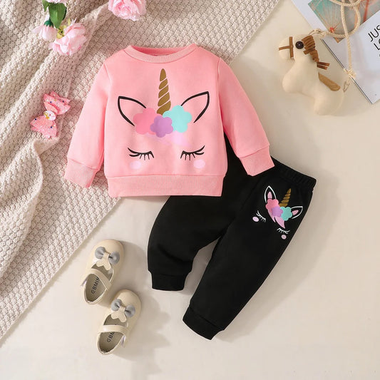 Kid Girl 3-24Months Spring and Autumn Long Sleeve Tee Cartoon Unicorn and Long Pants Outfit Toddler Infant Clothing Set