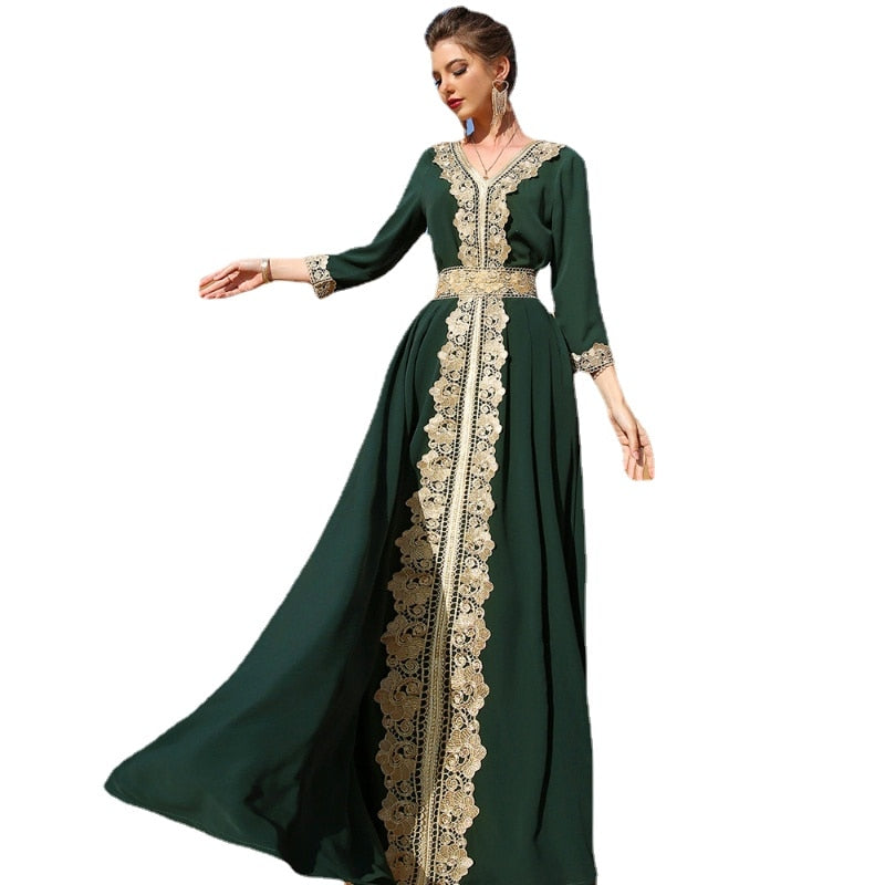 Women's Clothing Muslim Fashion Abaya Dresses Nationality V-neck Embroidery Long Sleeve Loose Belt Fashion Spring - GOLDEN TOUCH APPARELS WOMEN