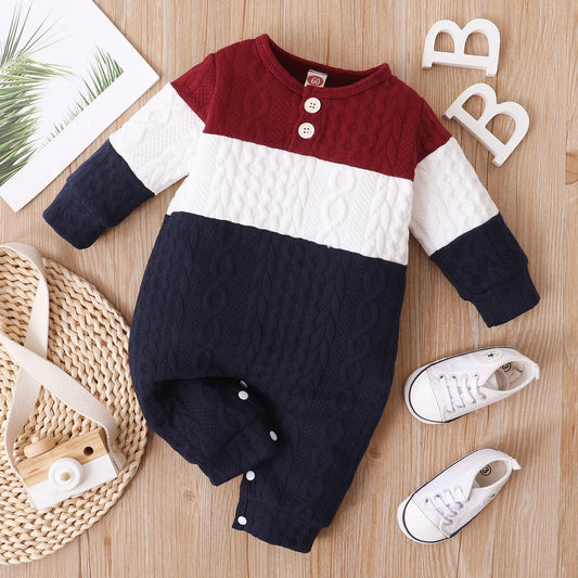 Newborn Baby Boys Autumn/Winter Long-Sleeved Romper with Round Neck and Colorful Button Details