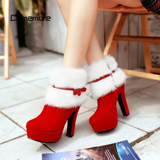 High Heels Ladies Shoes Femme Warm Platform Short Boots Red Black Shoe Plus Size 43 Winter Women Christmas Ankle Boo