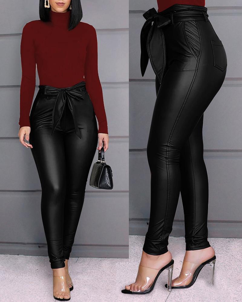 Oversized PU Leather Pants Bow Lace-up Sexy.