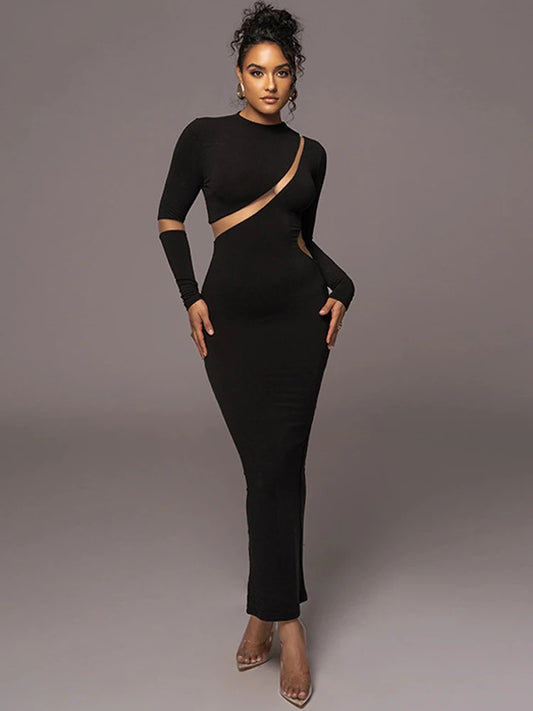 Women's Sexy Mesh Patchwork Bodycon Maxi Dress with Long Sleeves for Party Clubwear in Autumn/Winter. Available in Various Colors and Sizes.