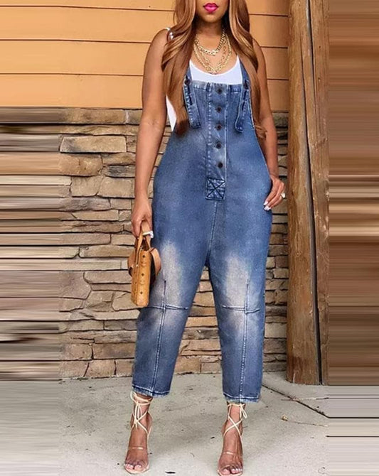 2023 Denim Jumpsuit Women's Overall Fashion Split Loose Wide Leg Pocket Button Slim Blue Suspenders Vintage Women's jumpsuit - GOLDEN TOUCH APPARELS WOMEN