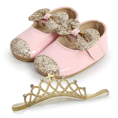 Baby Girl Mary Jane Flats with Headband - Soft Sole Baby Moccasin Floral Shiny Toddler Princess Dress Shoes