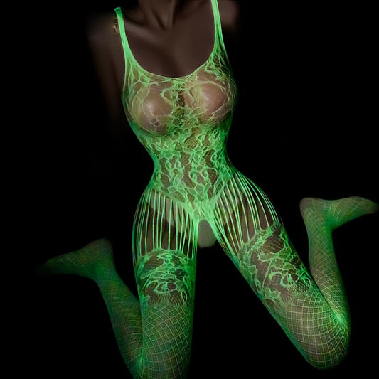 Bodysuit One-piece Luminous Suspenders Mesh Clothes Socks Porn Sexy Lingerie Women Body Glow In The Dark Fishnet Stockings - GOLDEN TOUCH APPARELS WOMEN