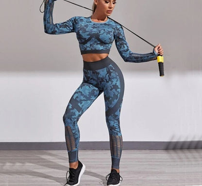 2PCS Camouflage Set Women Yoga Suit Sport Set Gym Workout Clothes Long Sleeve Fitness Crop Top High Waist Seamless Camo Leggings - GOLDEN TOUCH APPARELS WOMEN