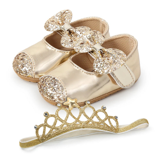 Baby Girl Mary Jane Flats with Headband - Soft Sole Baby Moccasin Floral Shiny Toddler Princess Dress Shoes