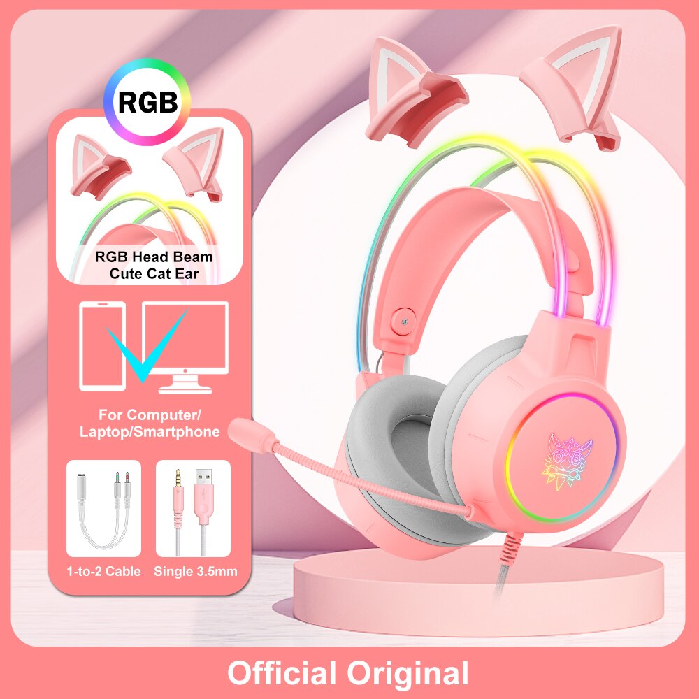ONIKUMA X15 Pro Over-Ear Headphones Gaming Headset Wired Cancelling Earphones Pink Cat Ears Rgb Light With Mic For PC PS4 - GOLDEN TOUCH APPARELS WOMEN
