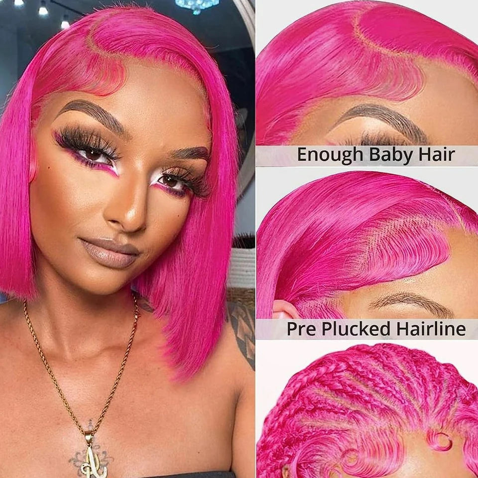 Premium Hot Pink Short  Hair Wigs with 13x4 HD Transparent Lace Front for Sale