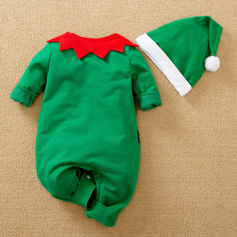 "Christmas Baby Clothing: Green Elf Style Long Sleeve Cotton One Piece Hat Set for Boys and Girls"