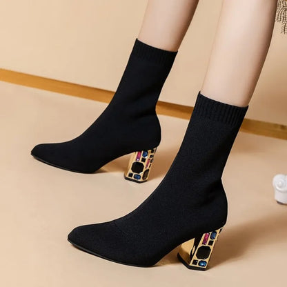 2023 Women's High-heeled Socks Boots with Pointed Toe and Mid-tube Design