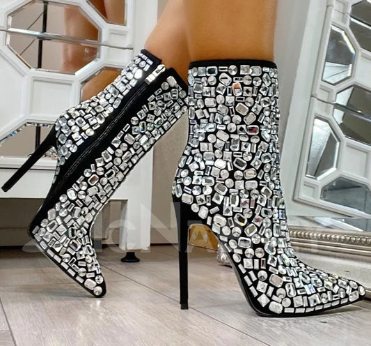 Elegant Crystal Heeled Boots with Rhinestones and Pointed Toe - Luxury Designer Style, Perfect for Banquets and Events - Stiletto Handmade Women's Boots