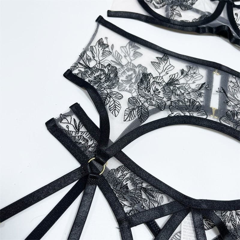 Black Floral Mesh Bra Panty Garter Lingerie Set